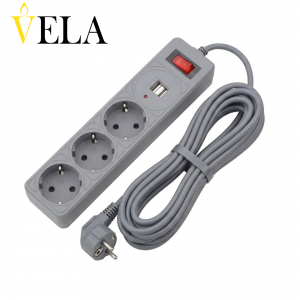 Լար երկարացման պղնձյա, եռաբաշխիչ վարդակով, անջատիչով, USB միացումով, չհրկիզվող հողանցմամբ VELA