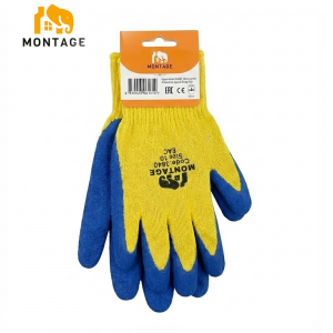 Ձեռնոց սինթետիկ թելից լատեքսապատ, դեղին-կապույտ MONTAGE 53գր, N10 կախիչով