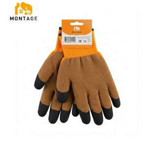 Ձեռնոց սինթետիկ թելից լատեքսապատ կրկնակի փրփրացված, գազար-շագանակագույն-սև MONTAGE 80գր  N10 կախիչով