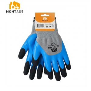 Ձեռնոց սինթետիկ թելից լատեքսապատ կրկնակի փրփրացված, մոխրագույն-կապույտ-սև MONTAGE 56գր  N10 կախիչով