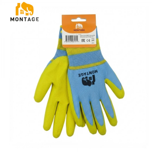 Ձեռնոց սինթետիկ թելից լատեքսապատ, կապույտ- դեղին, դաջվածքով MONTAGE 50գր, N10 կախիչով