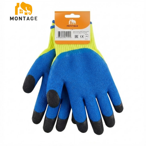 Ձեռնոց սինթետիկ թելից լատեքսապատ փրփրացված, դեղին կապույտ սև MONTAGE 50գր, N10 կախիչով